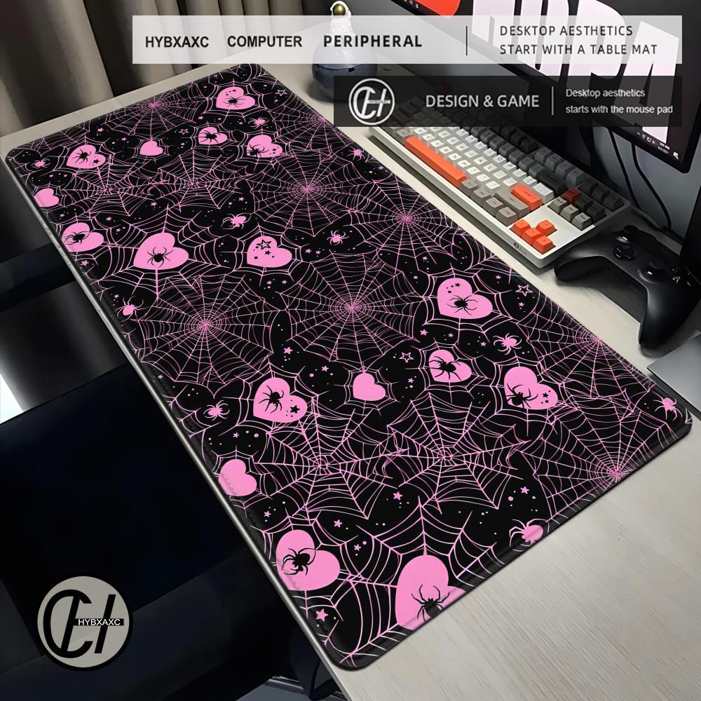 Office Of Tech - แผ่นรองเมาส์ลายใยแมงมุมสีขาวหรือชมพู ขนาด 90x40 ซม. ลายหัวใจ พาสเทล